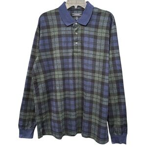 Lands’ End Men’s Large Black Watch Plaid Supima Cotton Long Sleeve Polo